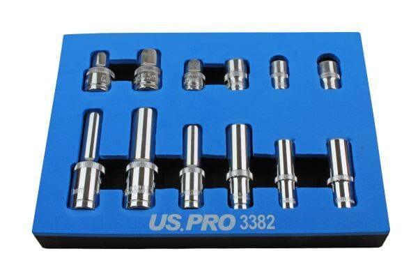 US PRO Tools 12pc 1/4 3/8 1/2 dr 10mm & 13mm 6pt Shallow & Deep Sockets 3382