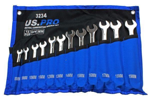 US PRO Tools 12pc Combination Spanner Set Metric 8 - 19mm 3234