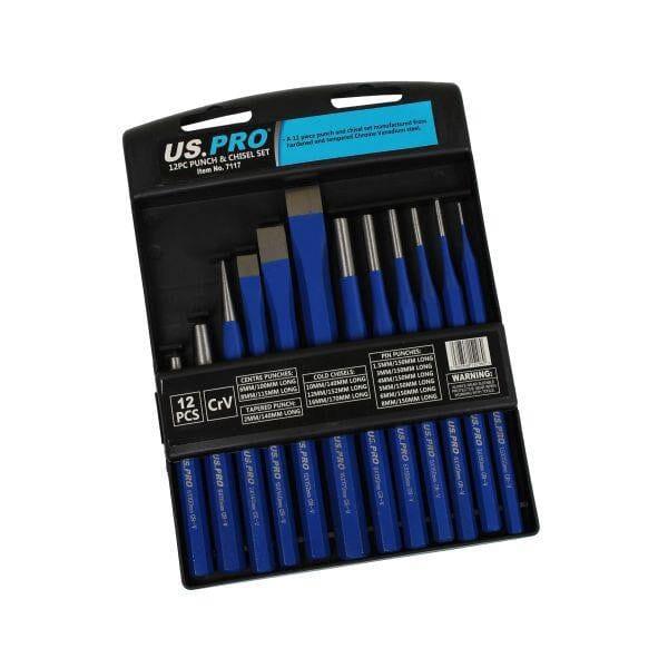 US PRO Tools 12pc Punch & Chisel Set Centre Long Tapered Punches Cold Chisels 7117
