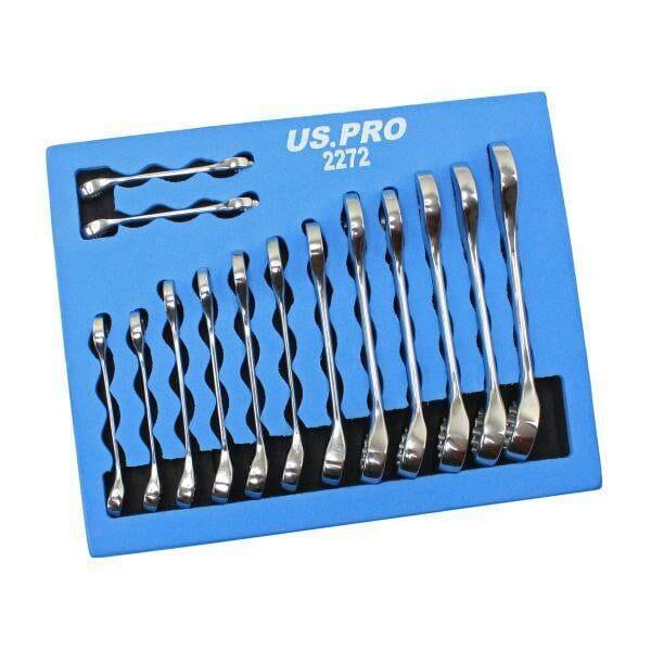 US PRO Tools 14pc Stubby Metric Combination Spanners Set 6-19mm Foam Tray 2272