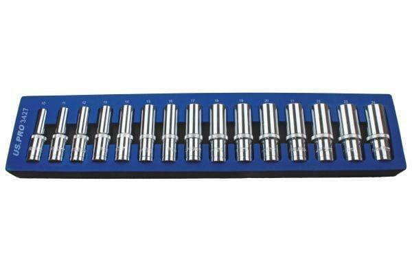 US PRO Tools 15pc 1/2'' Dr 12 Point Deep Sockets In Foam Tray 10 - 24mm 3427