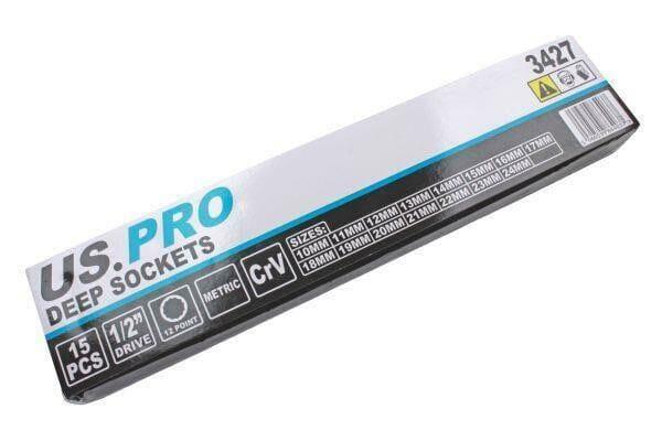 US PRO Tools 15pc 1/2'' Dr 12 Point Deep Sockets In Foam Tray 10 - 24mm 3427