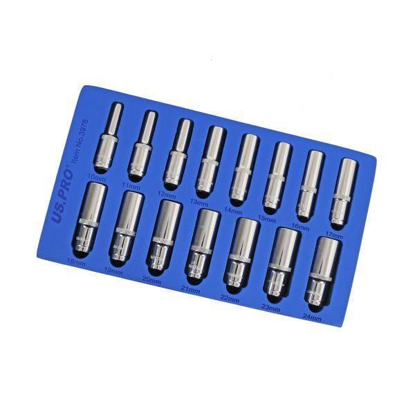US PRO Tools 15PC 1/2" DR 6pt Deep Sockets 10 - 24mm In EVA Foam Tray 3976