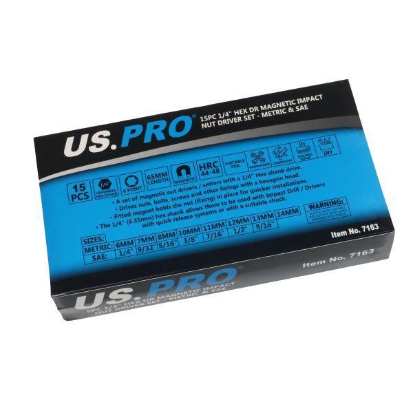 US PRO Tools 15pc 1/4" Hex DR Magnetic Impact Nut Driver Set Metric & SAE 7163