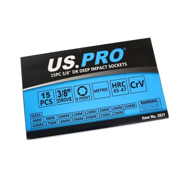 US PRO Tools 15PC 3/8" DR 6PT Deep Impact Socket Set Metric 8 - 22MM 3831