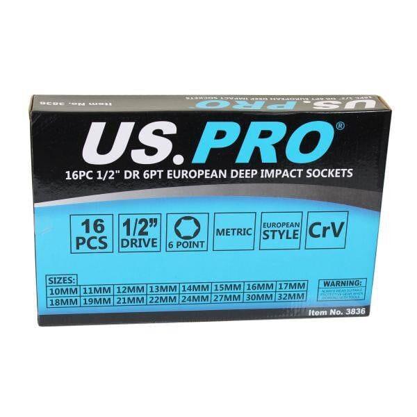 US PRO Tools 16PC 1/2" Deep Impact Sockets In EVA Foam 6PT 10 - 32mm 3836