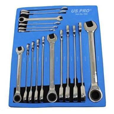 US PRO Tools 17pc 8mm-24mm Metric Gear Ratchet Wrench Spanner Set Eva Foam Tray 3566