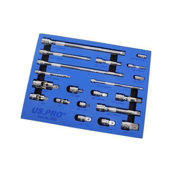US PRO Tools 20pc Socket Extension Bar UJ Adapter Set 1/4" 3/8" 1/2" DR In Foam Tray 4235