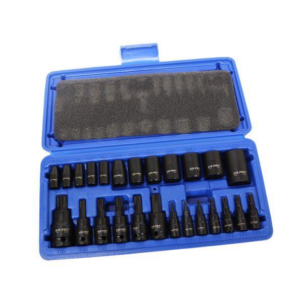 US PRO Tools 25pc 1/4 3/8 1/2” DR Impact E-Star Sockets & Star Bit Sockets Torx M&F 7521
