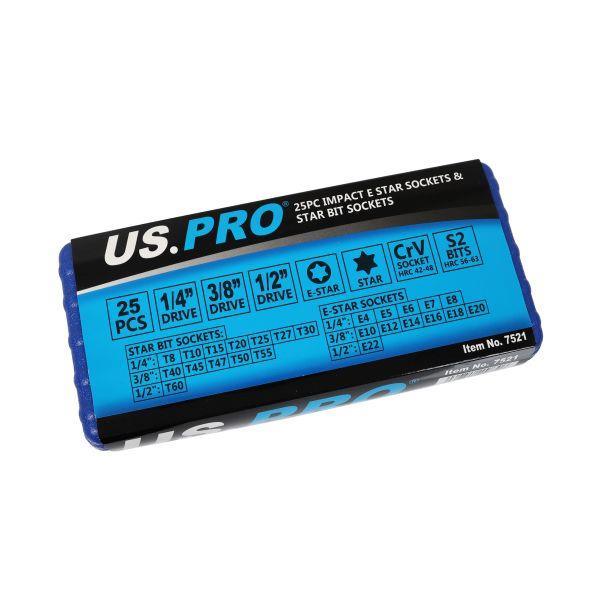 US PRO Tools 25pc 1/4 3/8 1/2” DR Impact E-Star Sockets & Star Bit Sockets Torx M&F 7521