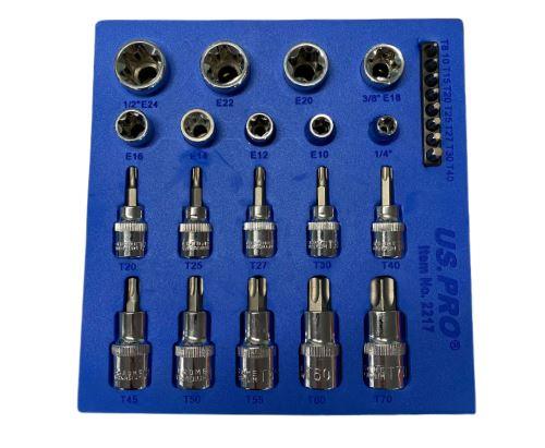 US PRO Tools 27Pc 3/8" 1/2" Dr Torx & E-Torx Sockets & Bit Set 2217