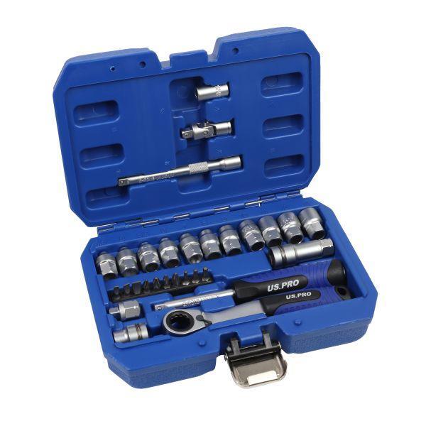 US PRO Tools 29pc Metric Go-thru Socket Set, Ratchet With Accessories 7558
