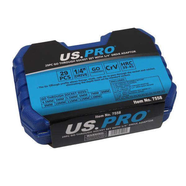 US PRO Tools 29pc Metric Go-thru Socket Set, Ratchet With Accessories 7558