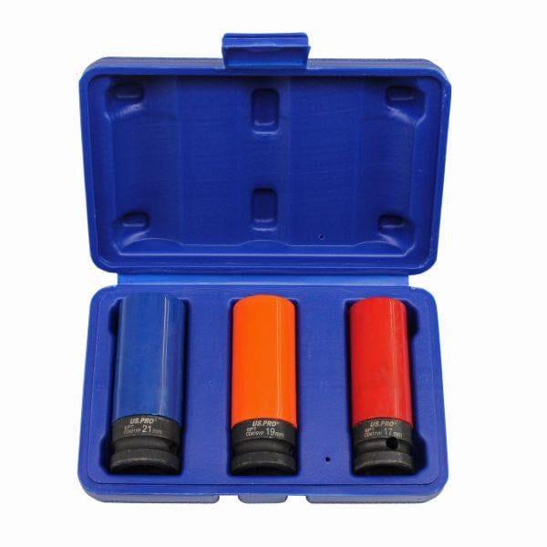 US PRO Tools 3pc 1/2" Dr Deep Impact Sockets For Alloy Wheels 17,19,21mm 3723