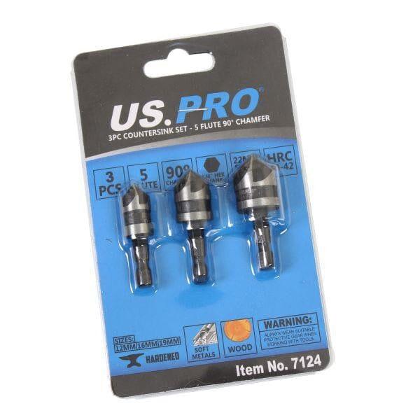 US PRO Tools 3PC Countersink Set 5 Flute 90° Chamfer Drill Bit Set 7124