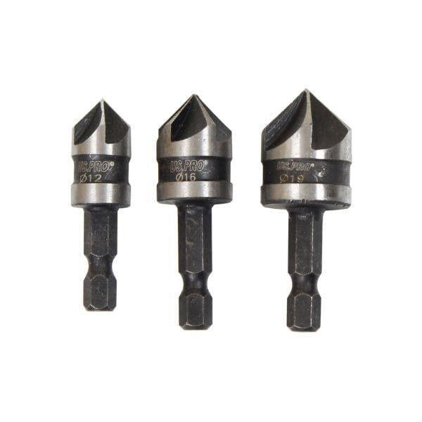 US PRO Tools 3PC Countersink Set 5 Flute 90° Chamfer Drill Bit Set 7124