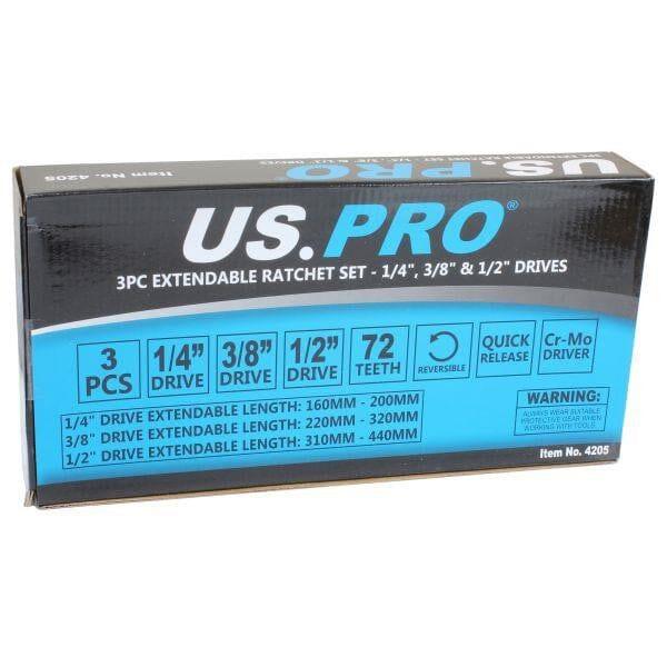 US PRO Tools 3pc Extendable Ratchet Set 1/4" 3/8" 1/2" Drives In Foam Tray 4205