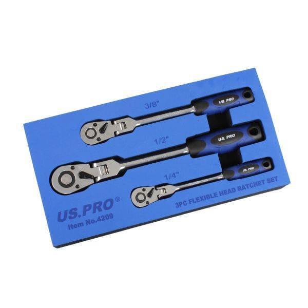 US PRO Tools 3pc Flexi Head Ratchet Set 1/4" 3/8" 1/2" Drives 4209