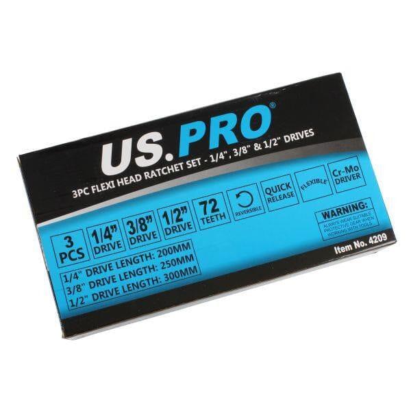 US PRO Tools 3pc Flexi Head Ratchet Set 1/4" 3/8" 1/2" Drives 4209