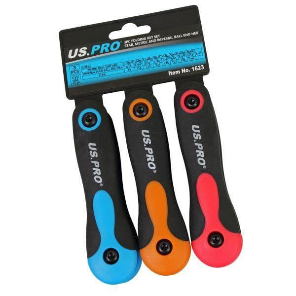 US PRO Tools 3pc Folding Key Set Star/Torx, Metric & Imperial Ball End Hex 1623