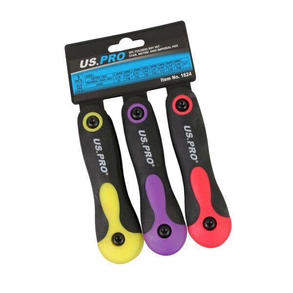 US PRO Tools 3pc Folding Key Set Star/Torx, Metric & Imperial Hex / Allen 1624