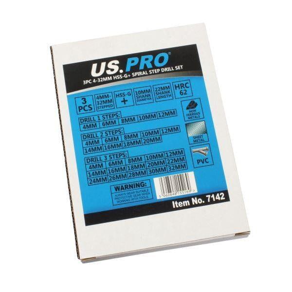 US PRO Tools 3pc Hss-G+ Spiral Step Drill Set Split Point 4 - 32mm 7142