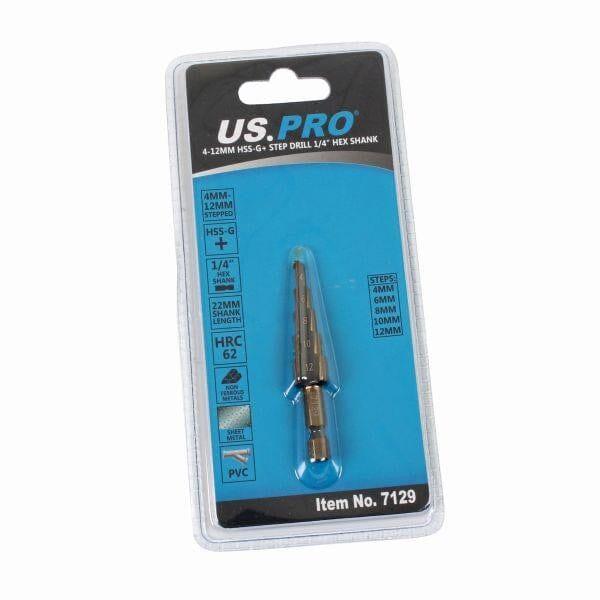 US PRO Tools 4 - 12mm HSS-G+ Step Drill Step Cone 1/4" Hex Shank 7129