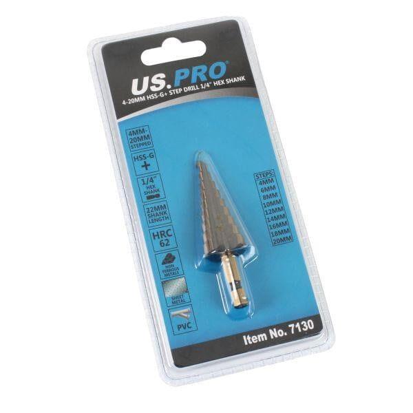 US PRO Tools 4 - 20mm HSS-G+ Step Drill Step Cone 1/4" Hex Shank 7130