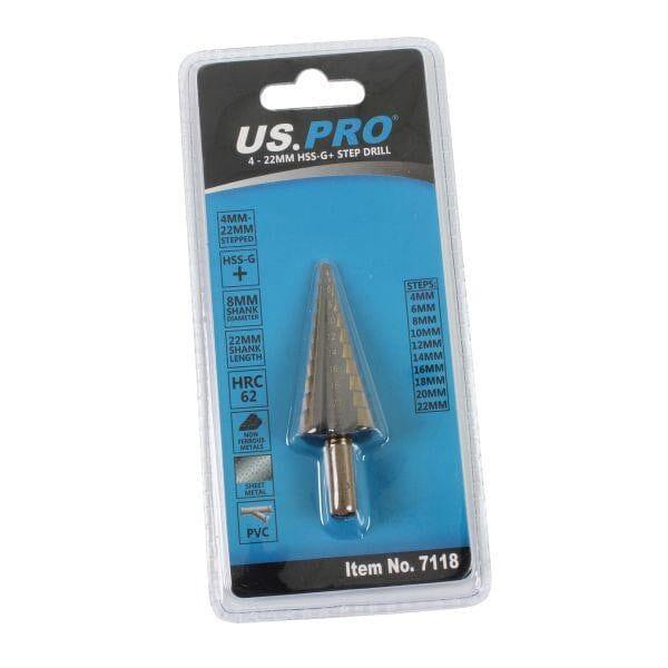 US PRO Tools 4 - 22mm HSS-G+ Step Drill Spiral Step Cone 7118