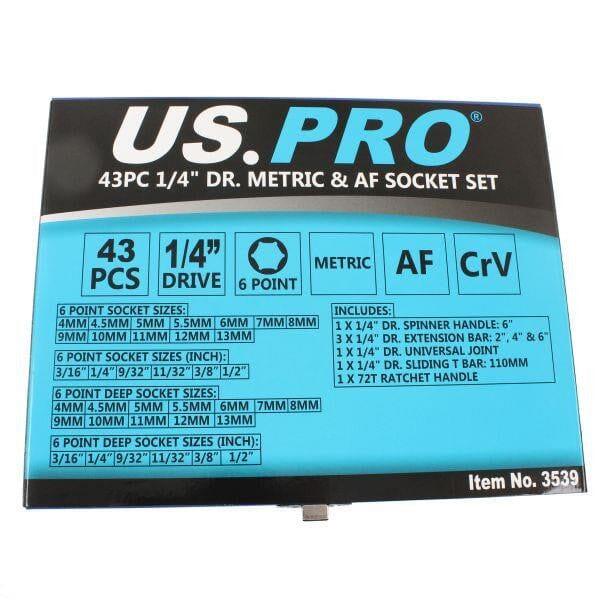 US PRO Tools 43pc 1/4" dr Metric & AF, Imperial Socket Set, Ratchet, Bars, 3539