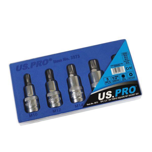US PRO Tools 5PC 1/2" DR Triple Square Bit Socket Set In EVA Tray M10 - M18 3973