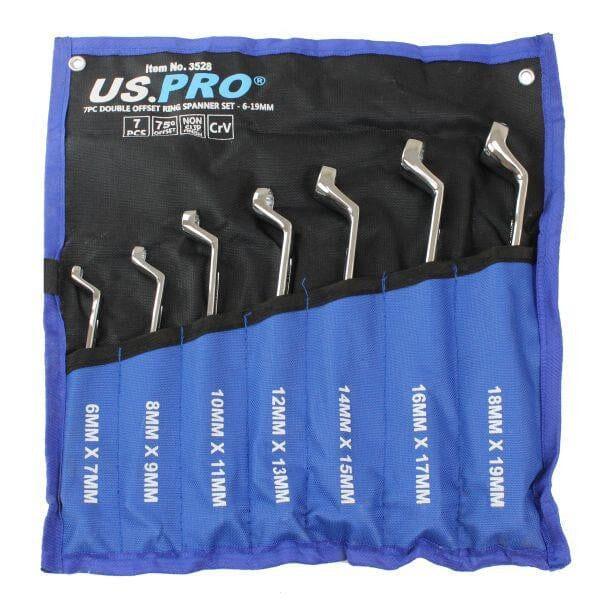 US PRO Tools 7 Piece Double Offset Ring Spanner Wrench Set 6 - 19MM 75DEG 3528