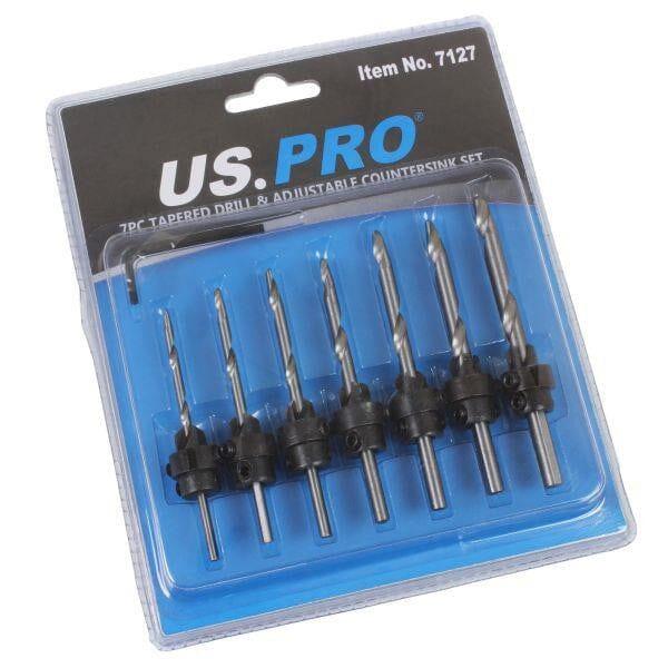 US PRO Tools 7pc Tapered Drill & Adjustable Countersink HSS-G Set 7127