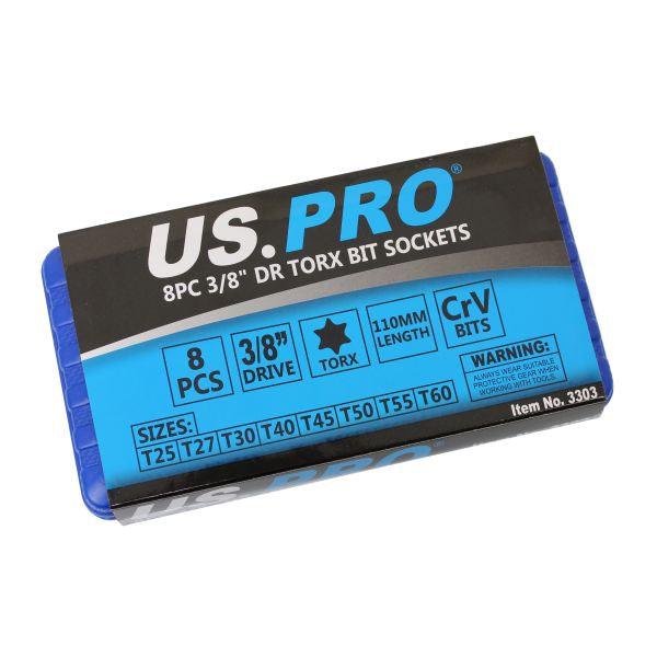 US PRO Tools 8Pc 3/8" Dr. 110mm Long Torx Bit Socket Set T25 to T60 3303