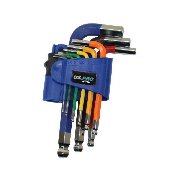 US PRO Tools 9PC Multicoloured Short Metric Ball End Allen Hex Key Set 1.5 - 10mm 1632