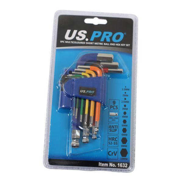 US PRO Tools 9PC Multicoloured Short Metric Ball End Allen Hex Key Set 1.5 - 10mm 1632