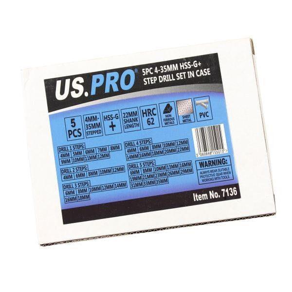 US PRO Tools Step Drill Set in Case 4 - 35MM HSS-G+ Stepped Tool Metals PVC 7136