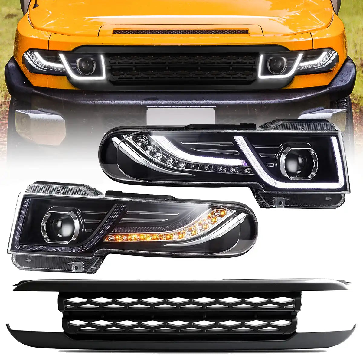 VLAND 07-15 Toyota FJ Cruiser Lightbar DYNAMIC LED DRL Headlights + D2S LHD Black Or Silver Grille Option