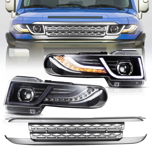 VLAND 07-15 Toyota FJ Cruiser Lightbar DYNAMIC LED DRL Headlights + D2S LHD Black Or Silver Grille Option