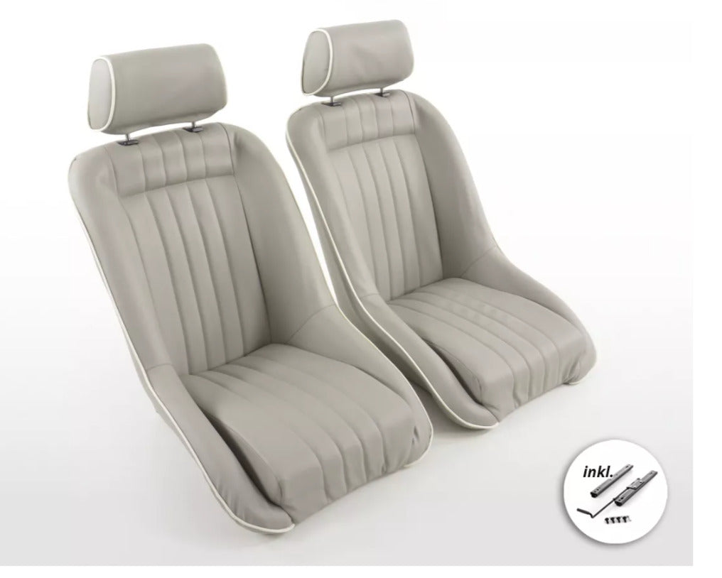 FK x2 Grey White Piping Classic Car Retro Kit Sports Fixed Back Bucket Seats