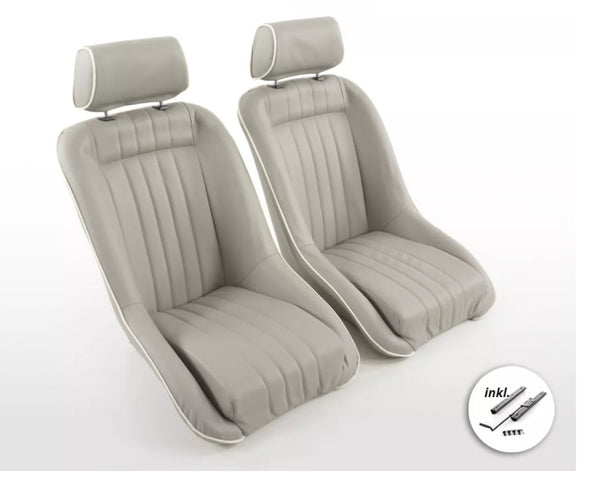 FK x2 Grey White Piping Classic Car Retro Kit Sports Fixed Back Bucket Seats