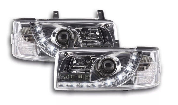 FK Set LED DRL Devil Eye Lightbar Headlights VW Transporter T4 90-03 Chrome LHD