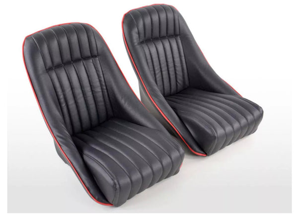 FK x2 Black Red Piping Classic Car Retro Speedster Car Bucket Seats - No Rails