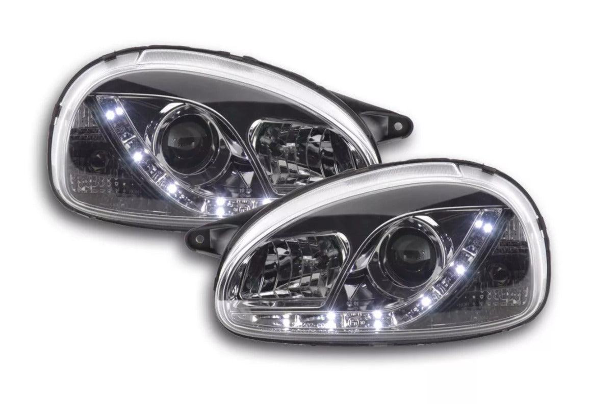 FK Pair LED DRL LIGHTBAR Projector Headlights Opel Corsa B 94-00 chrome LHD