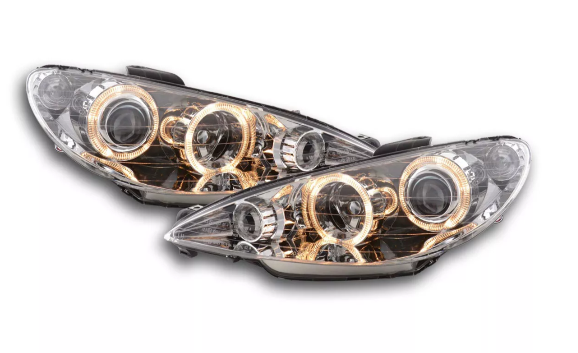 FK LED DRL Lightbar Halo Projector headlights Peugeot 206 98-03 chrome LHD & RHD