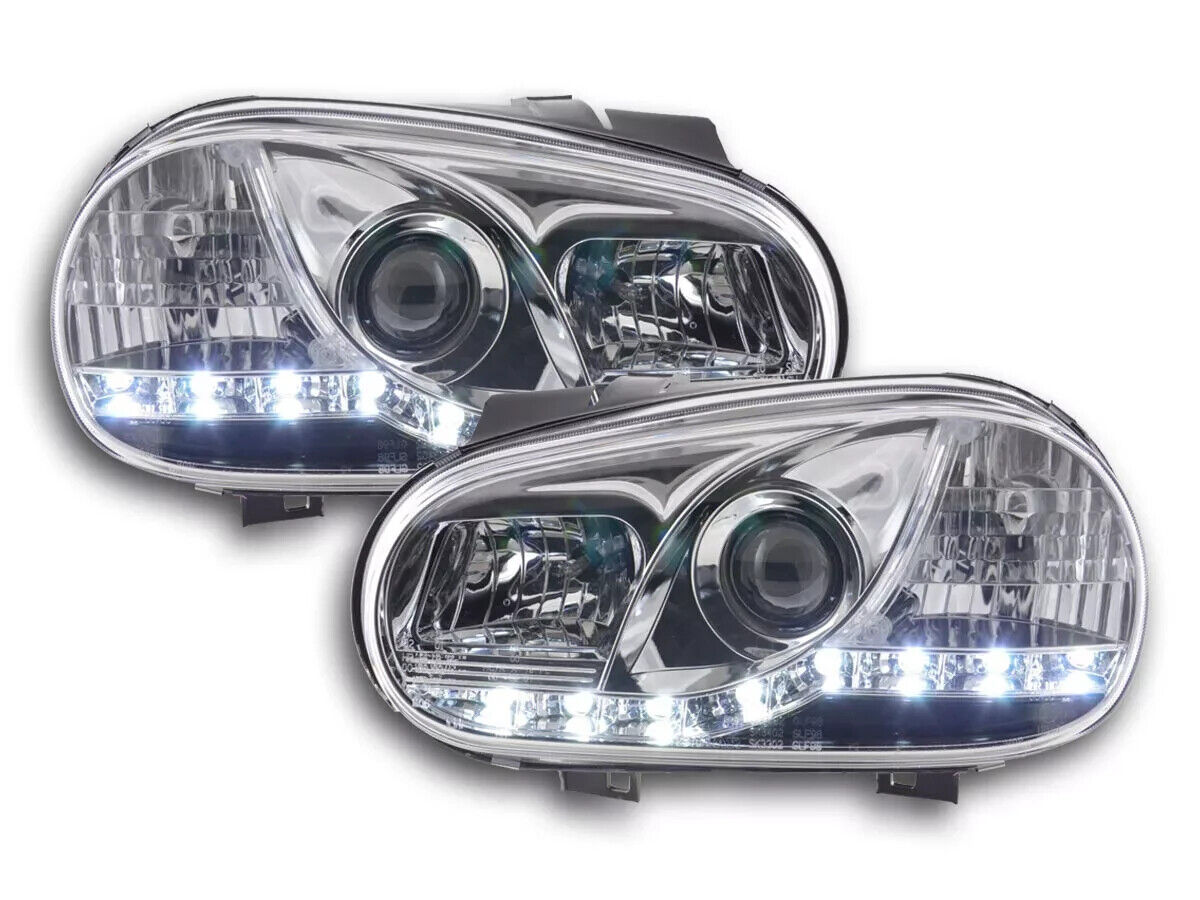 FK LED DRL Halo Lightbar Deluxe Headlights Golf 4 MK4 1J 98-03 Chrome RHD