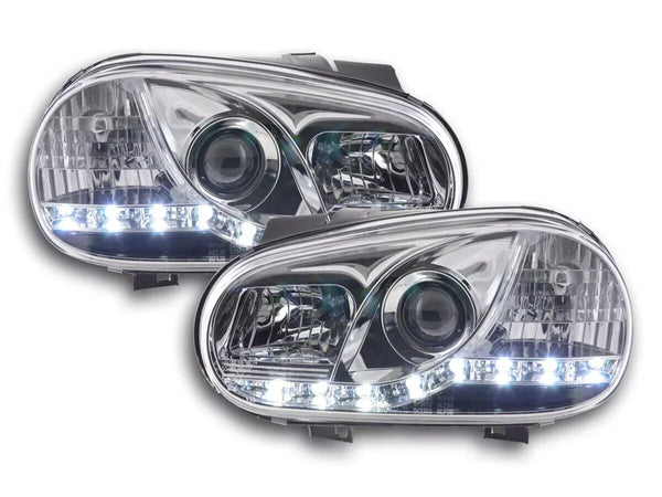 FK LED DRL Halo Lightbar Deluxe Headlights Golf 4 MK4 1J 98-03 Chrome RHD