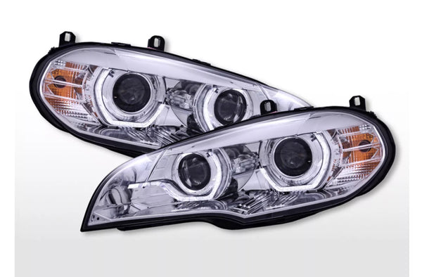 FK Pair LED DRL TFL Servo Halogen Angel Eye Headlights BMW X5 E70 08-13 chrome LHD