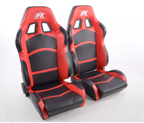 FK Pair Universal Reclining Bucket Sports Seats - Black & Red Synth Leather