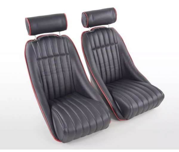 FK Pair Black Red Piped Classic Car Retro Kit Fixed Back Bucket Seats No Runners